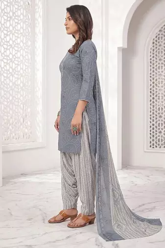 Grey printed cotton blend stitched bandhani print salwar kurta dupatta for women