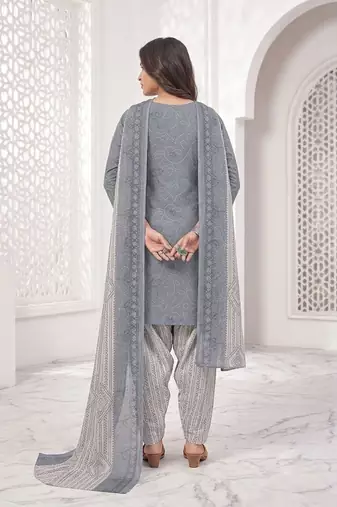 Grey printed cotton blend stitched bandhani print salwar kurta dupatta for women