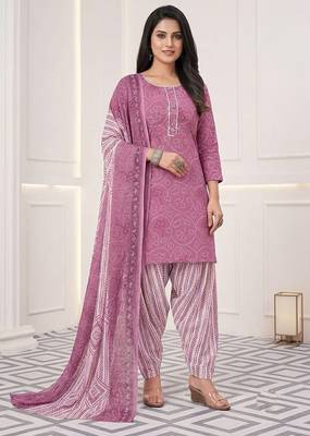 Pink printed cotton blend stitched bandhani print salwar kurta dupatta for women 1