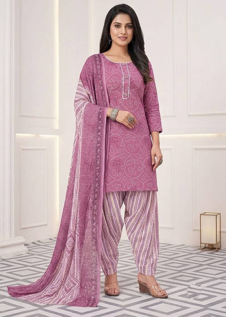Pink printed cotton blend stitched bandhani print salwar kurta dupatta for women