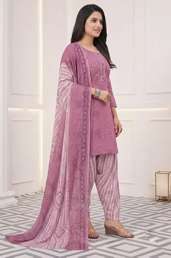 Pink printed cotton blend stitched bandhani print salwar kurta dupatta for women