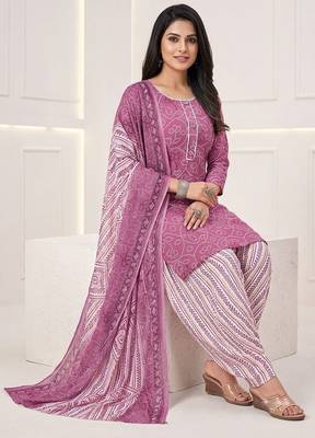 Pink printed cotton blend stitched bandhani print salwar kurta dupatta for women 3