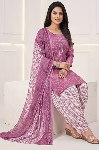 Pink printed cotton blend stitched bandhani print salwar kurta dupatta for women