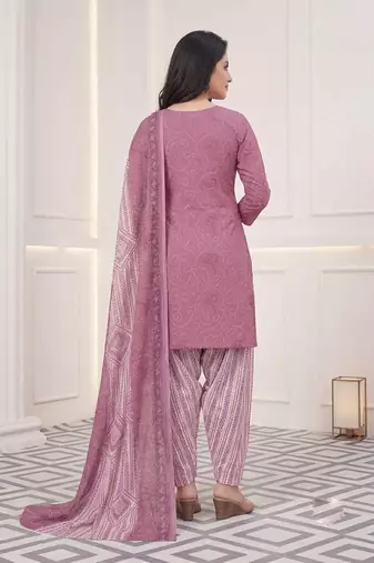 Pink printed cotton blend stitched bandhani print salwar kurta dupatta for women