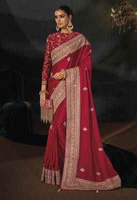 Red faux viscose satin saree with zari border & embroidered blouse 1