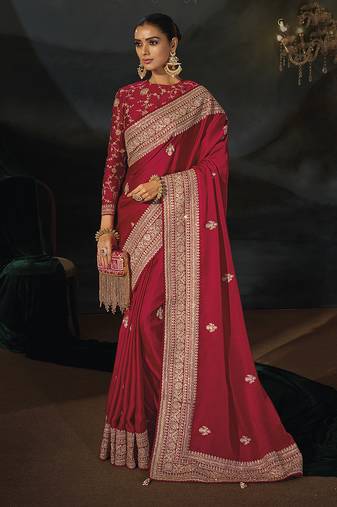 Red faux viscose satin saree with zari border & embroidered blouse
