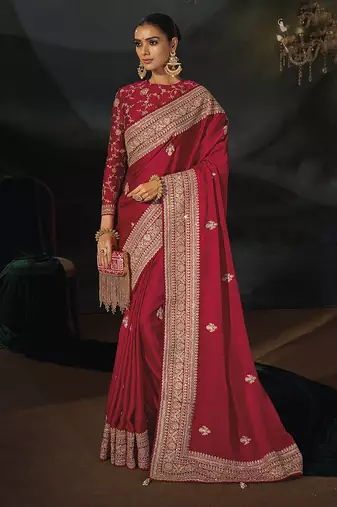 Red faux viscose satin saree with zari border & embroidered blouse