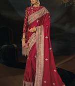 Red faux viscose satin saree with zari border & embroidered blouse