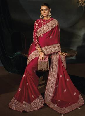 Red faux viscose satin saree with zari border & embroidered blouse 2