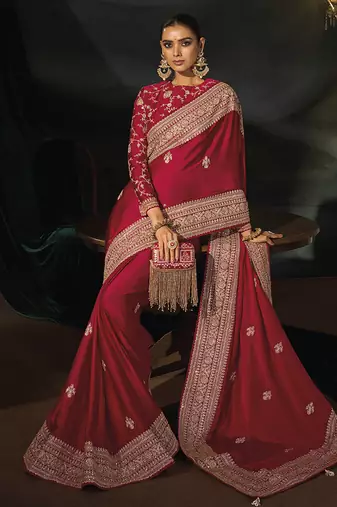 Red faux viscose satin saree with zari border & embroidered blouse