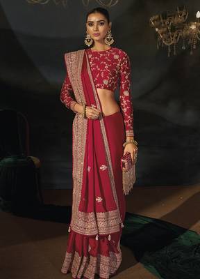 Red faux viscose satin saree with zari border & embroidered blouse 3