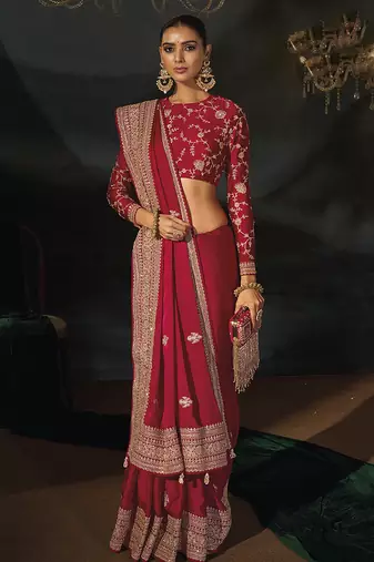 Red faux viscose satin saree with zari border & embroidered blouse