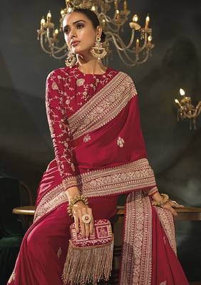 Red faux viscose satin saree with zari border & embroidered blouse 4