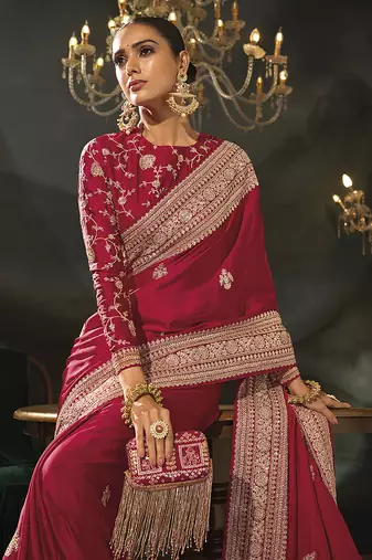 Red faux viscose satin saree with zari border & embroidered blouse