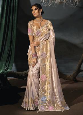 rose gold embroidered silk blend saree with multicolor floral detailing 1