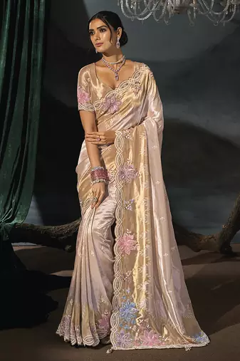 rose gold embroidered silk blend saree with multicolor floral detailing