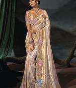rose gold embroidered silk blend saree with multicolor floral detailing