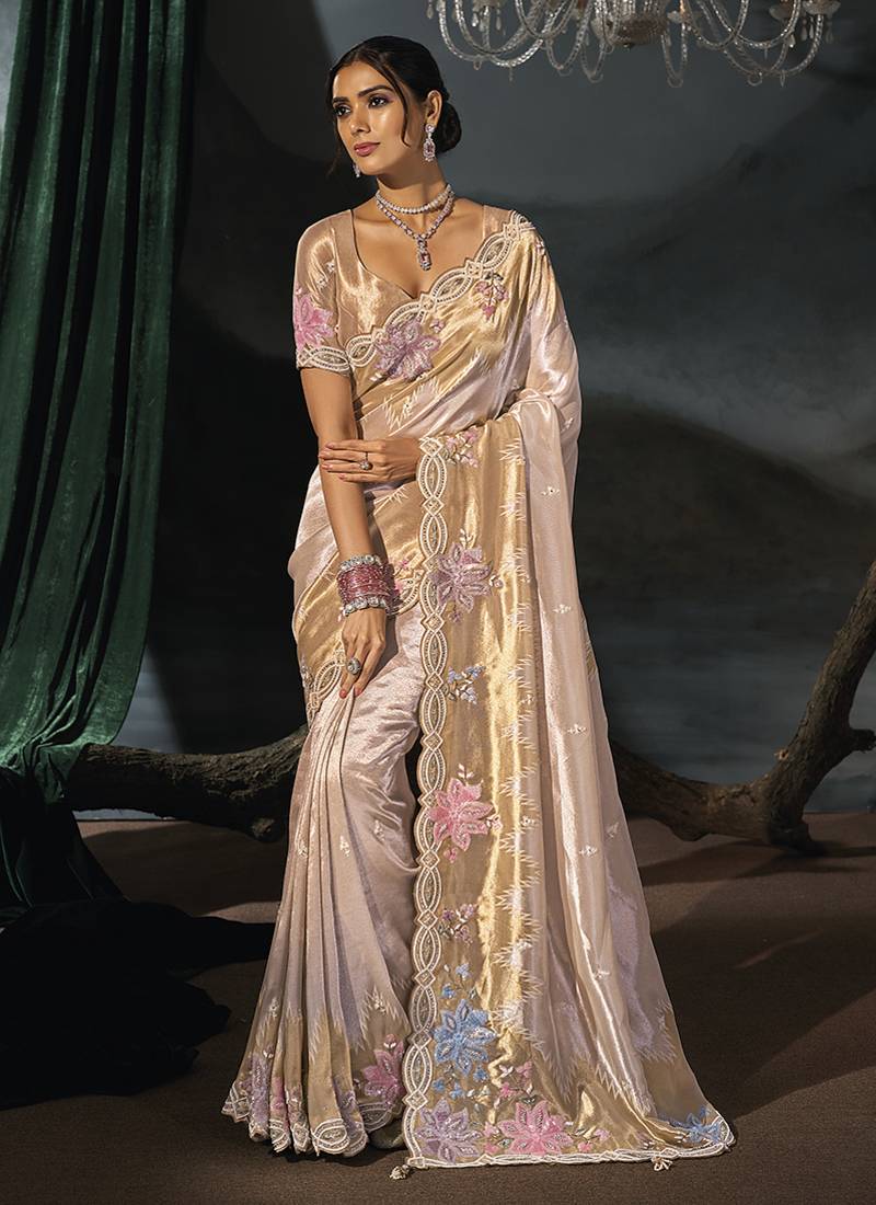 rose gold embroidered silk blend saree with multicolor floral detailing