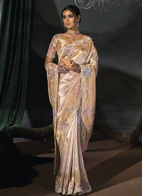 rose gold embroidered silk blend saree with multicolor floral detailing 2