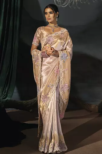 rose gold embroidered silk blend saree with multicolor floral detailing