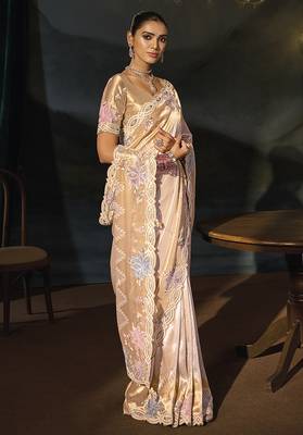 rose gold embroidered silk blend saree with multicolor floral detailing 3