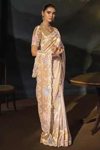 rose gold embroidered silk blend saree with multicolor floral detailing