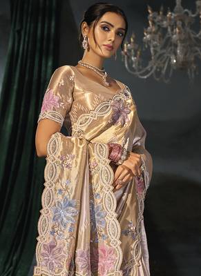 rose gold embroidered silk blend saree with multicolor floral detailing 4