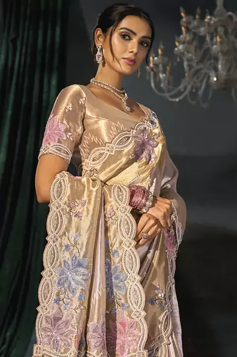 rose gold embroidered silk blend saree with multicolor floral detailing