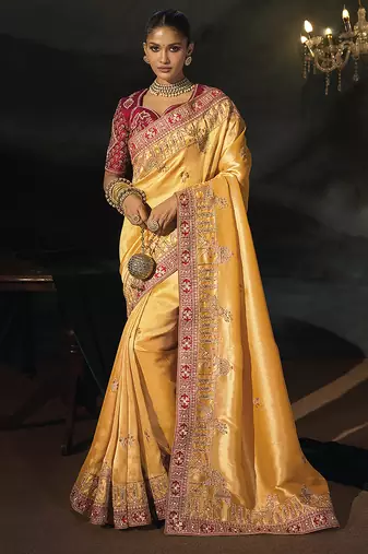 mustard gold silk blend saree with rich zari & traditional embroidery