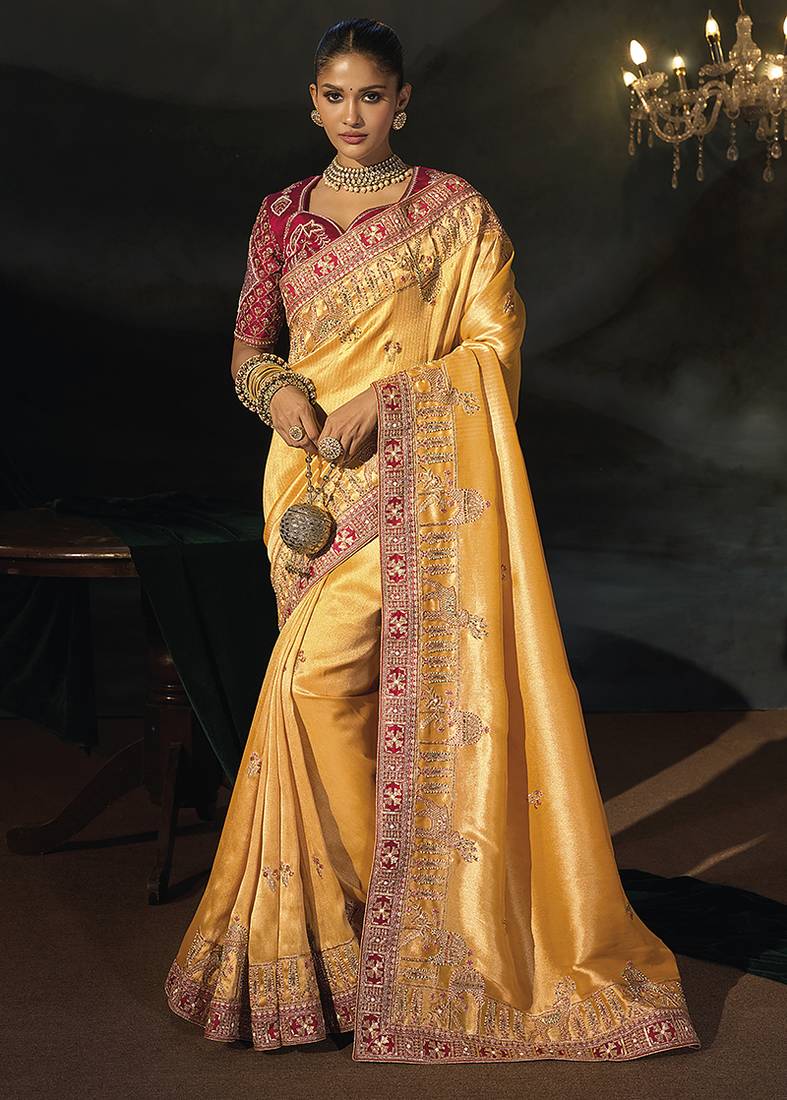 mustard gold silk blend saree with rich zari & traditional embroidery