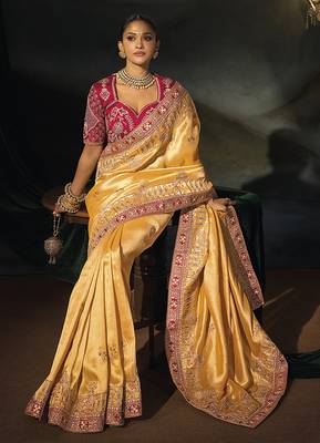 mustard gold silk blend saree with rich zari & traditional embroidery 2
