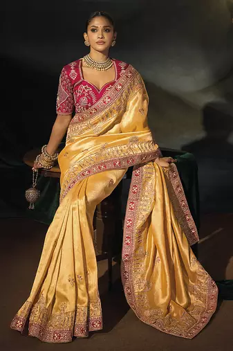 mustard gold silk blend saree with rich zari & traditional embroidery