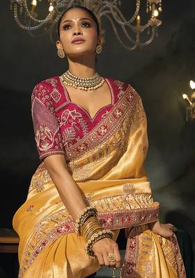 mustard gold silk blend saree with rich zari & traditional embroidery 3