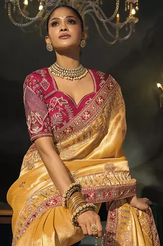 mustard gold silk blend saree with rich zari & traditional embroidery