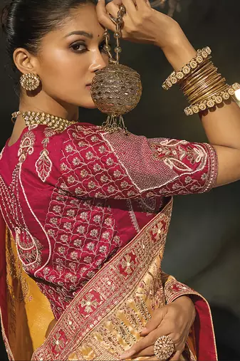 mustard gold silk blend saree with rich zari & traditional embroidery