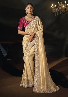 beige silk blend saree with cutdana border & embroidered blouse 1