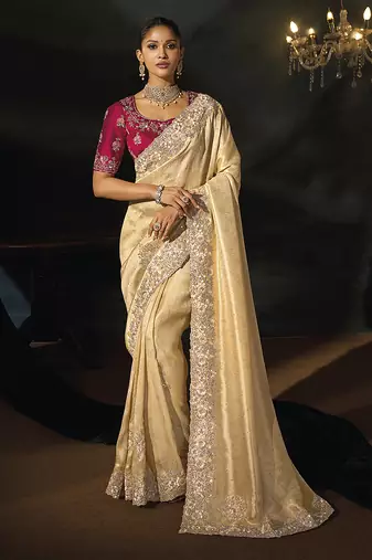 beige silk blend saree with cutdana border & embroidered blouse