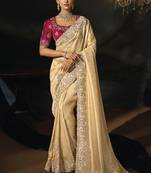 beige silk blend saree with cutdana border & embroidered blouse