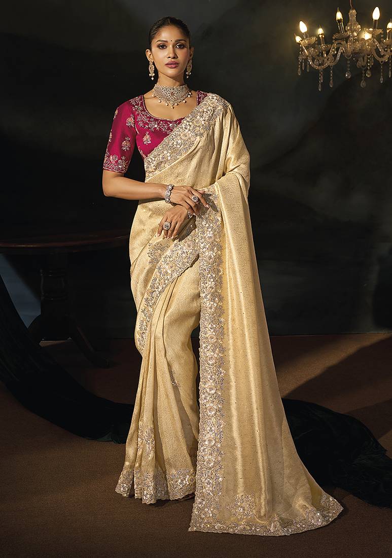 beige silk blend saree with cutdana border & embroidered blouse