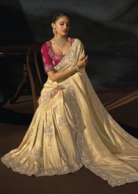 beige silk blend saree with cutdana border & embroidered blouse 2
