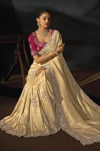 beige silk blend saree with cutdana border & embroidered blouse