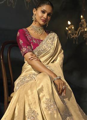 beige silk blend saree with cutdana border & embroidered blouse 3