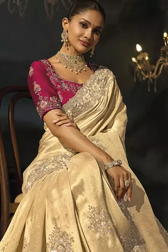 beige silk blend saree with cutdana border & embroidered blouse