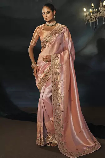 peach silk blend saree with floral embroidered scalloped border