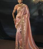 peach silk blend saree with floral embroidered scalloped border