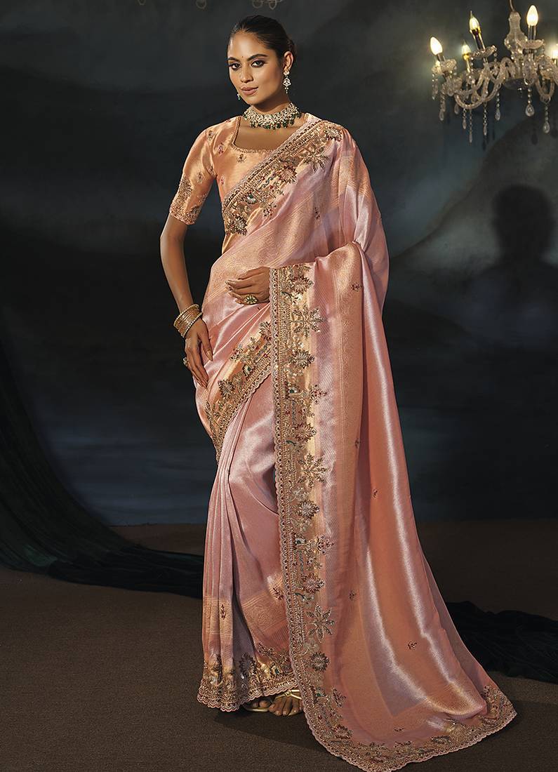 peach silk blend saree with floral embroidered scalloped border