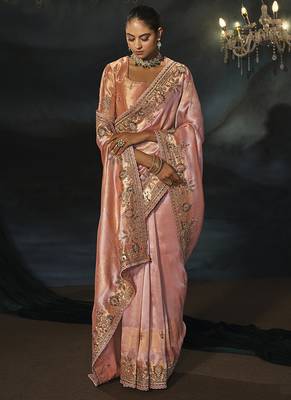 peach silk blend saree with floral embroidered scalloped border 2