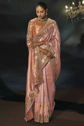 peach silk blend saree with floral embroidered scalloped border