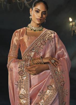 peach silk blend saree with floral embroidered scalloped border 3