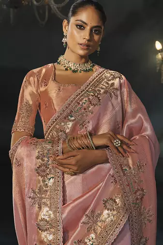 peach silk blend saree with floral embroidered scalloped border